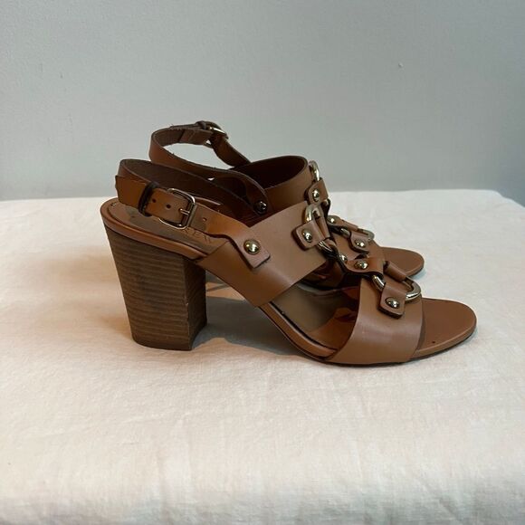 J.Crew Made in Italy Tan Leather Gold Finished Hardware Heel Sandal Size 8 - Picture 4 of 10